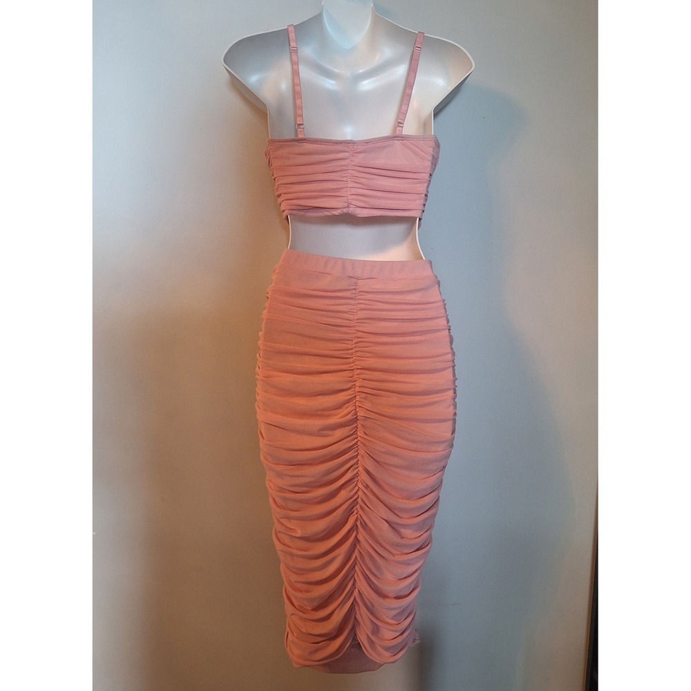Fashion Nova Pink Ruched Mesh 2 Piece Set Crop Top Midi Skirt Size Small - Picture 4 of 6